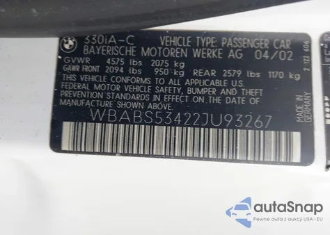 2002 BMW 330Ci из США, поврежденный, VIN WBABS53422JU93267